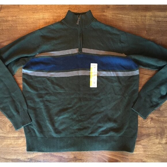 Eddie Bauer Mens 1/4 Zip Sweater Size XXL Green Striped Pullover Cotton NEW - Picture 1 of 4